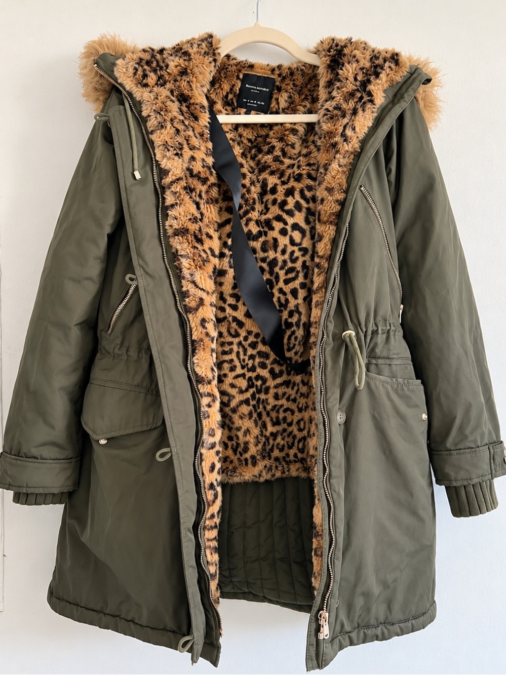 Zara Olive Green Utility Parka with Leopard Faux Fur Lining